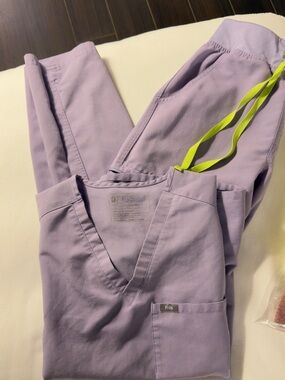 Figs Lavender Scrub Jumpsuit with Neon Drawstring